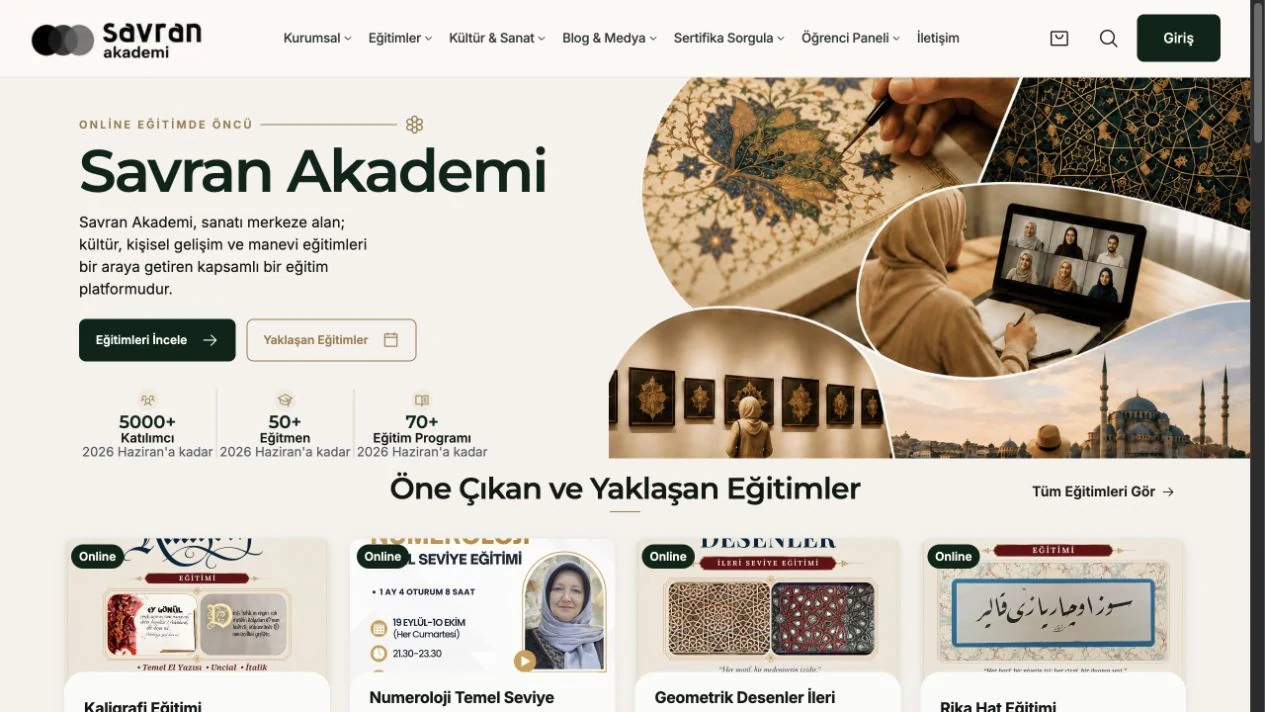 Savran Akademi eğitim platformunun web sitesi